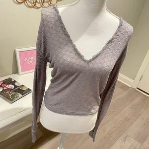 FREE PEOPLE Gray Deep V-Neck Off-Shoulder Long Sleeve Crop Top